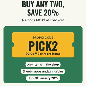 Promo card: buy any two or more items from Neat Wren Studio and use code PICK2 at checkout for 20% off, until 31 January 2027.