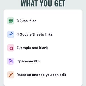 A white card under the headline What you get: 8 Excel files, 4 Google Sheets links, example and blank, an Open-me PDF and rates on one tab you can edit.