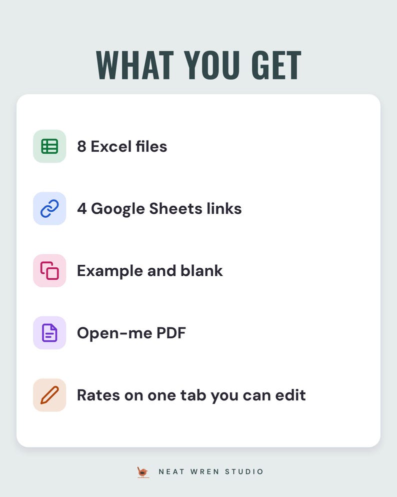 A white card under the headline What you get: 8 Excel files, 4 Google Sheets links, example and blank, an Open-me PDF and rates on one tab you can edit.