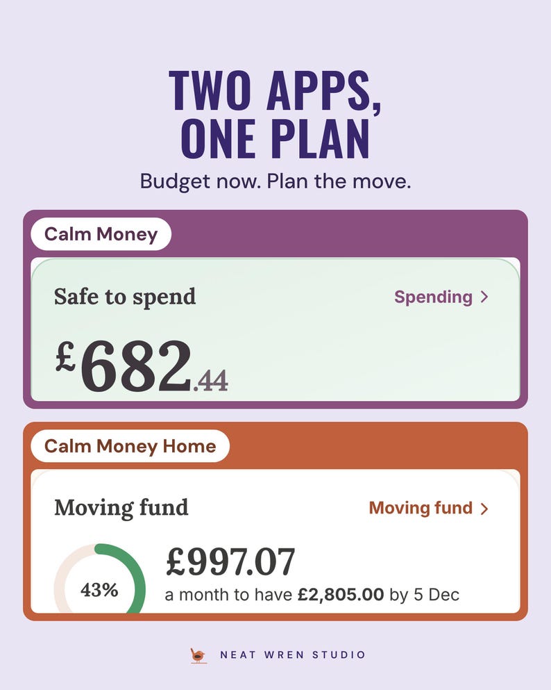 The Calm Money safe to spend card at £682.44 and the moving fund card at £997.07 a month, under the headline Two apps, one plan.