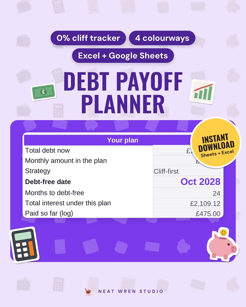 Debt Payoff Planner Spreadsheet: main listing photo showing the product with an 'Instant download' badge and flat banknote, chart, calculator and piggy bank icons. Digital product from Neat Wren Studio.