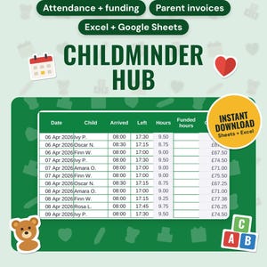 Childminder Spreadsheet UK | Attendance Register, Funded Hours, Parent Invoices, Accident and Medication Log (Google Sheets & Excel)