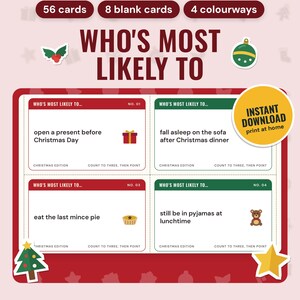 Christmas Most Likely To Game: main listing photo showing the product with an 'Instant download' badge and flat holly, bauble, Christmas tree and star icons. Digital product from Neat Wren Studio.