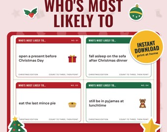 Christmas Most Likely To Game | 56 Printable Question Cards, Family Christmas Party Game, 4 Colourways