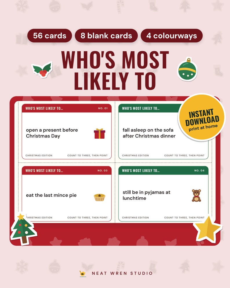 Christmas Most Likely To Game: main listing photo showing the product with an 'Instant download' badge and flat holly, bauble, Christmas tree and star icons. Digital product from Neat Wren Studio.