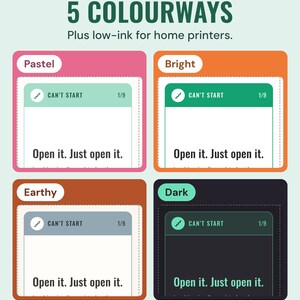 The Can't start card, open it, just open it, in four colourways, Pastel, Bright, Earthy and Dark, under the headline 5 colourways, plus low-ink for home printers.