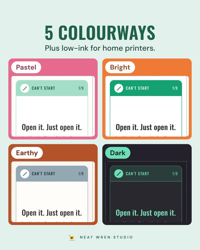 The Can't start card, open it, just open it, in four colourways, Pastel, Bright, Earthy and Dark, under the headline 5 colourways, plus low-ink for home printers.