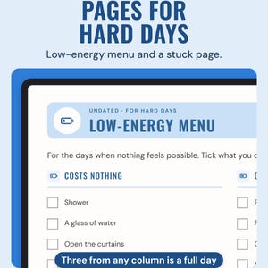 Low-energy menu page on a tablet with three columns of tick boxes: costs nothing, costs a little, only if I want to.