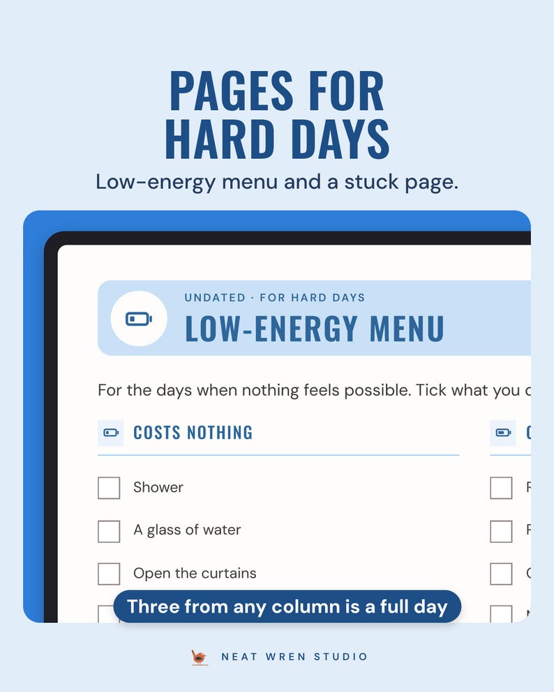 Low-energy menu page on a tablet with three columns of tick boxes: costs nothing, costs a little, only if I want to.