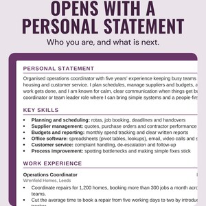 The personal statement and key skills at the top of the example CV, under the headline Opens with a personal statement, and the line Who you are, and what is next.
