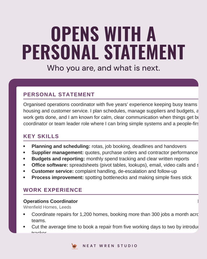 The personal statement and key skills at the top of the example CV, under the headline Opens with a personal statement, and the line Who you are, and what is next.