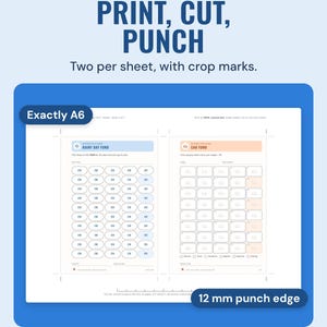An A4 sheet holding the A6 rainy day and car fund inserts with crop marks, a cut line and a 100 mm scale bar; callouts read Exactly A6 and 12 mm punch edge.