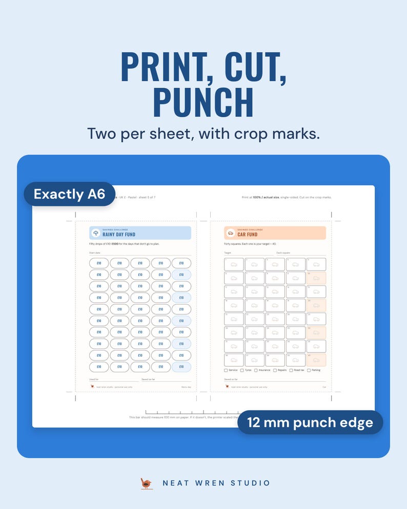 An A4 sheet holding the A6 rainy day and car fund inserts with crop marks, a cut line and a 100 mm scale bar; callouts read Exactly A6 and 12 mm punch edge.