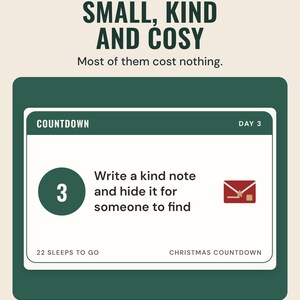 A countdown card for day 3 that says write a kind note and hide it for someone to find, under the headline Small, kind and cosy.