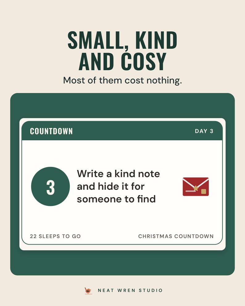 A countdown card for day 3 that says write a kind note and hide it for someone to find, under the headline Small, kind and cosy.
