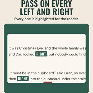 Lines from the left right story with each LEFT and RIGHT highlighted for the reader, under the headline Pass on every left and right.