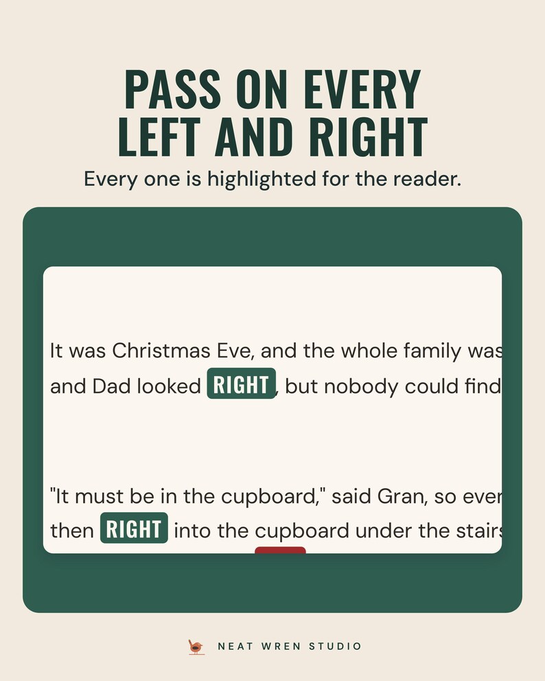 Lines from the left right story with each LEFT and RIGHT highlighted for the reader, under the headline Pass on every left and right.
