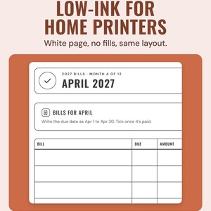 The low-ink April 2027 bill checklist in black outlines on white, under the headline Low-ink for home printers, and the line White page, no fills, same layout.