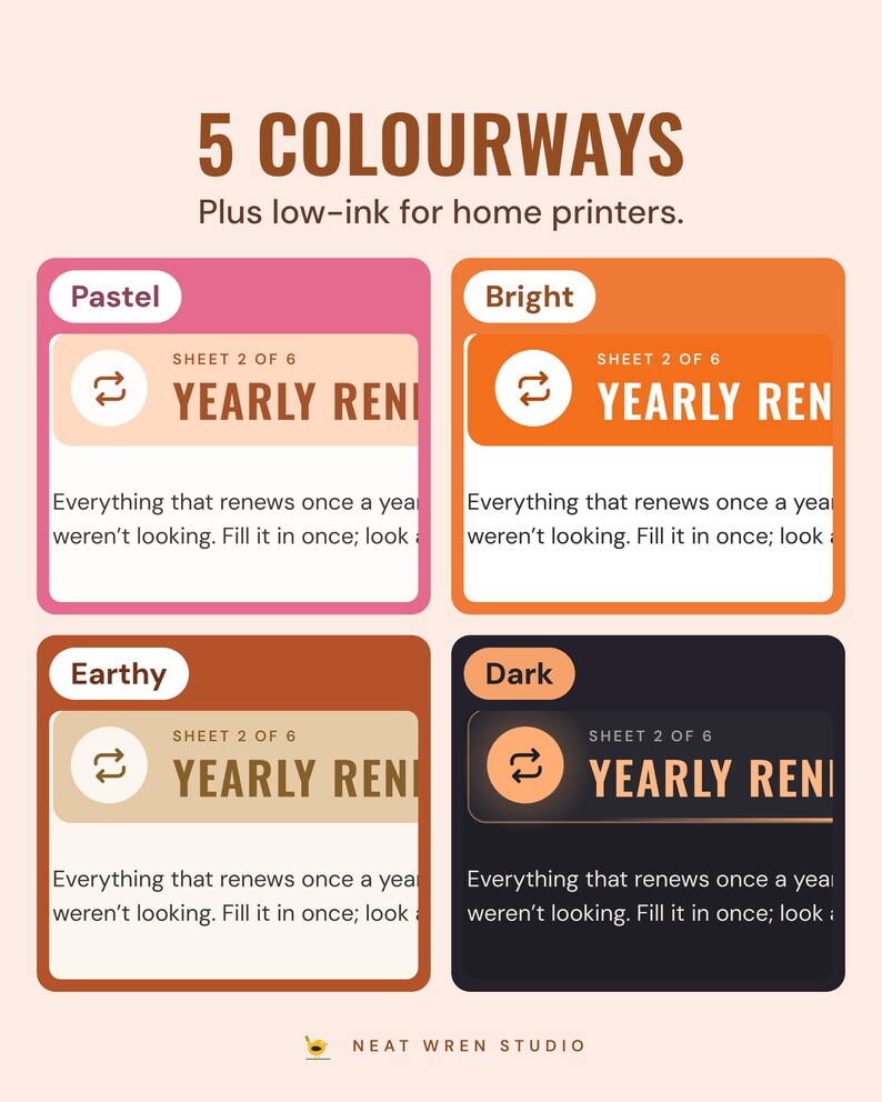 The yearly renewals page in four colourways, Pastel, Bright, Earthy and Dark, under the headline 5 colourways, plus low-ink for home printers.