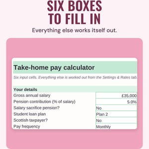 The take-home pay calculator with six input boxes, such as gross annual salary and student loan plan, under the headline Six boxes to fill in.