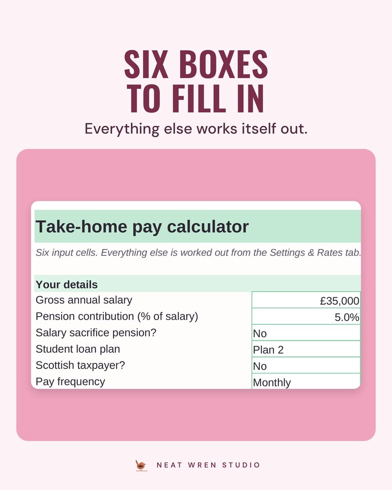 The take-home pay calculator with six input boxes, such as gross annual salary and student loan plan, under the headline Six boxes to fill in.