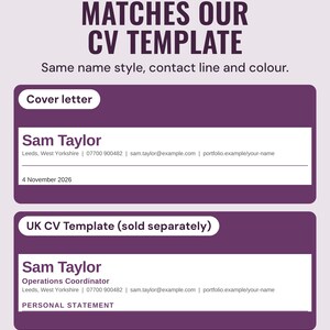 The example cover letter and the matching CV heading in the same style, under the headline Matches our CV template, and the line Same name style, contact line and colour.