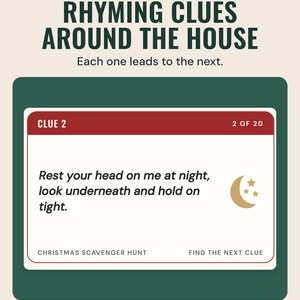 A scavenger hunt clue card that reads Rest your head on me at night, look underneath and hold on tight, under the headline Rhyming clues around the house.