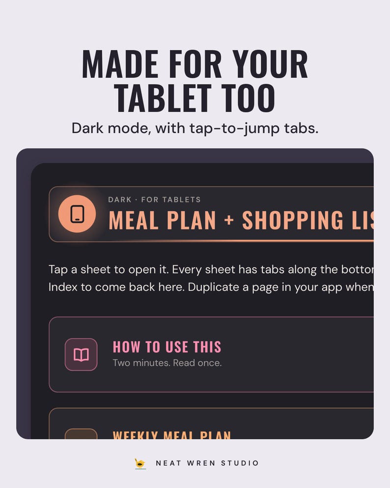 A tablet showing the meal plan and shopping list index in dark mode, under the headline Made for your tablet too, and the line Dark mode, with tap-to-jump tabs.