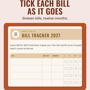 The bill tracker 2027 page with a tick box for each bill in every month, under the headline Tick each bill as it goes, and the line Sixteen bills, twelve months.