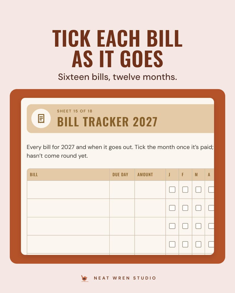 The bill tracker 2027 page with a tick box for each bill in every month, under the headline Tick each bill as it goes, and the line Sixteen bills, twelve months.