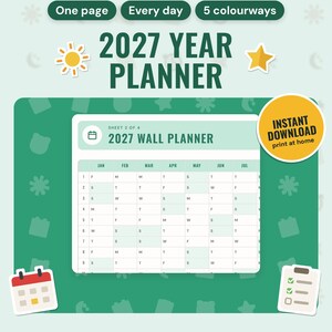 2027 Year Planner Printable: main listing photo showing the product with an 'Instant download' badge and flat sun, star, calendar and checklist icons. Digital product from Neat Wren Studio.
