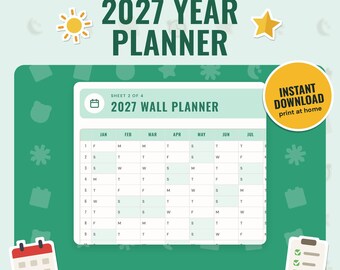 2027 Year Planner Printable, Wall Planner and Year at a Glance | Monday and Sunday Start | 5 Colourways, A4 + US Letter, Instant PDF