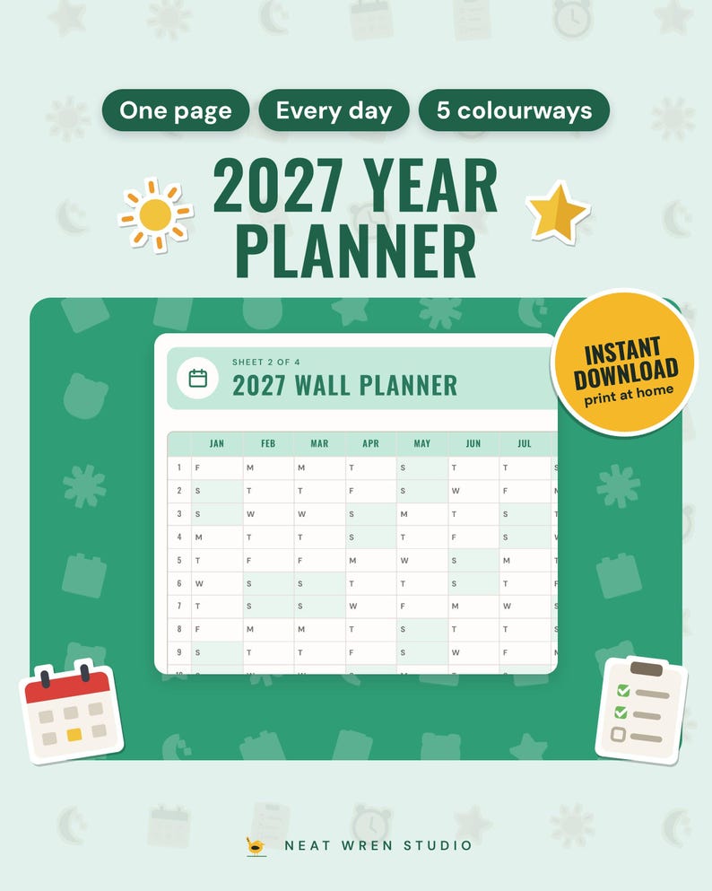 2027 Year Planner Printable: main listing photo showing the product with an 'Instant download' badge and flat sun, star, calendar and checklist icons. Digital product from Neat Wren Studio.