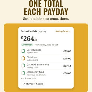 Set aside this payday tile: £264.81 next payday, with car insurance, Christmas, MOT and emergency fund amounts