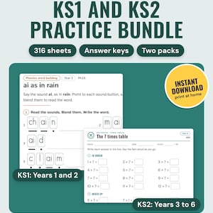 May include: A KS1 and KS2 practice bundle featuring 316 sheets, answer keys, and two packs. The educational material includes phonics word building exercises for Year 1 and math times tables for Year 4. A yellow circle displays the text INSTANT DOWNLOAD print at home. The bottom includes the text NEAT WREN STUDIO.
