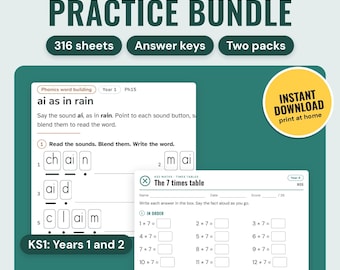 Puede incluir: Un paquete de ejercicios KS1 y KS2 con 316 hojas, claves de respuestas y dos paquetes. El material educativo incluye ejercicios de fonética para el año 1 y tablas de multiplicar para el año 4. Un círculo amarillo muestra el texto INSTANT DOWNLOAD print at home. Abajo incluye el texto NEAT WREN STUDIO.