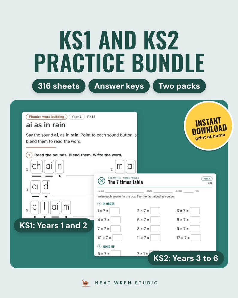KS1 and KS2 practice bundle: a KS1 phonics sheet and a KS2 7 times table sheet, 316 sheets with answer keys for Years 1 to 6.