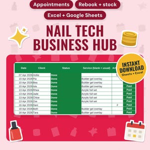 Nail Tech Business Spreadsheet UK | Appointments, Client Rebooking, Stock Tracker, Service Margins, Tax Set-Aside (Google Sheets & Excel)