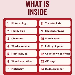 A numbered list of all 14 printables under the headline What is inside, from picture bingo, family quiz and charades to gift tags and a budget planner.