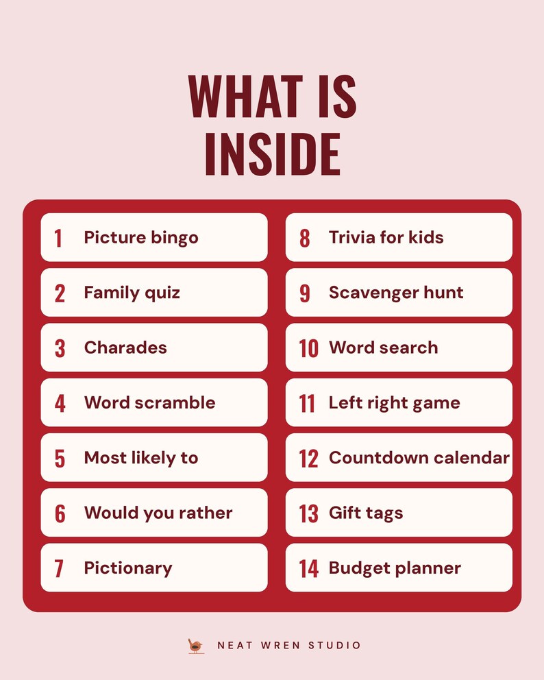 A numbered list of all 14 printables under the headline What is inside, from picture bingo, family quiz and charades to gift tags and a budget planner.