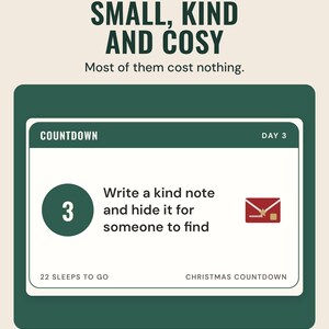 A countdown card for day 3 that says write a kind note and hide it for someone to find, under the headline Small, kind and cosy.