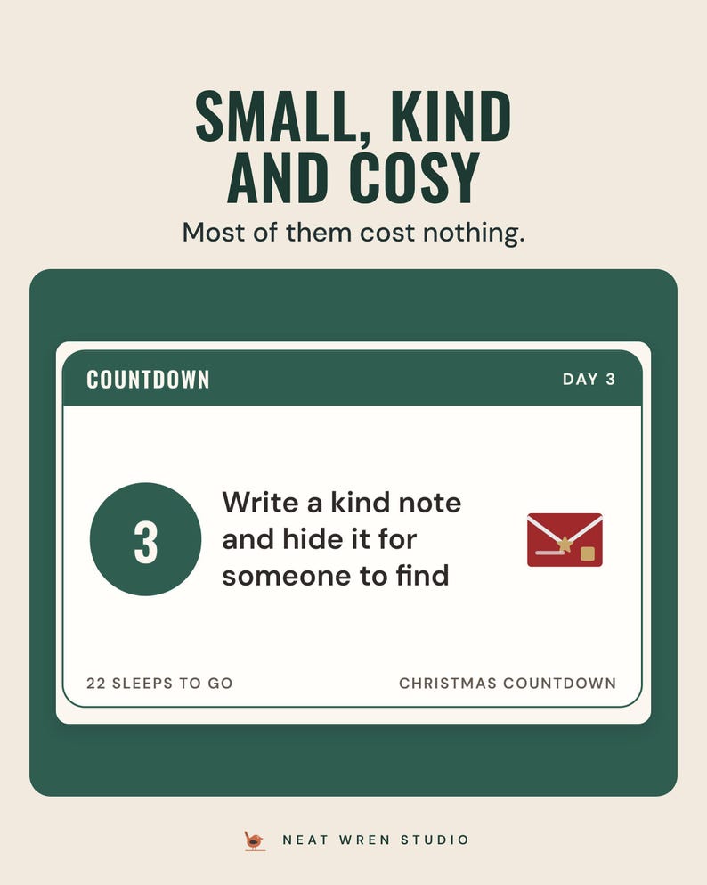 A countdown card for day 3 that says write a kind note and hide it for someone to find, under the headline Small, kind and cosy.