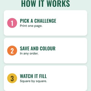 How it works: pick a challenge and print one page, save and colour in any order, watch it fill square by square.