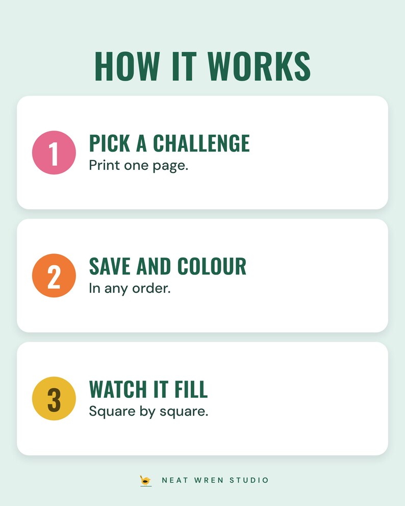 How it works: pick a challenge and print one page, save and colour in any order, watch it fill square by square.