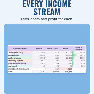 A table of income streams, such as dog walking and maths tutoring, with income, fees and profit for each, under the headline Every income stream.