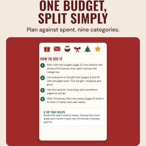 The Christmas budget how to use it page with four steps and a tip, under the headline One budget, split simply, and the line Plan against spent, nine categories.