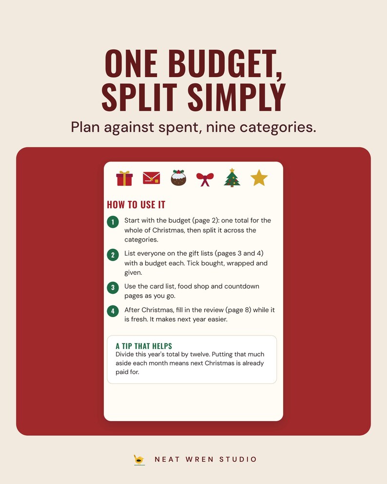 The Christmas budget how to use it page with four steps and a tip, under the headline One budget, split simply, and the line Plan against spent, nine categories.