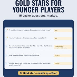 Quiz questions with answers, such as caribou and antlers, with a gold star on easier ones, under the headline Gold stars for younger players, 15 easier questions, marked.