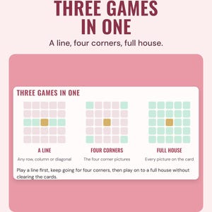 A guide to the three games: a line, four corners and full house, each shown on a small grid, under the headline Three games in one.