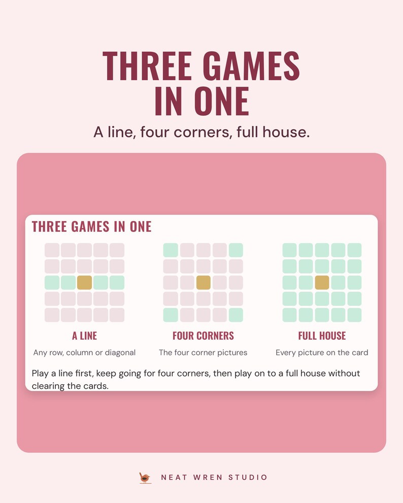 A guide to the three games: a line, four corners and full house, each shown on a small grid, under the headline Three games in one.